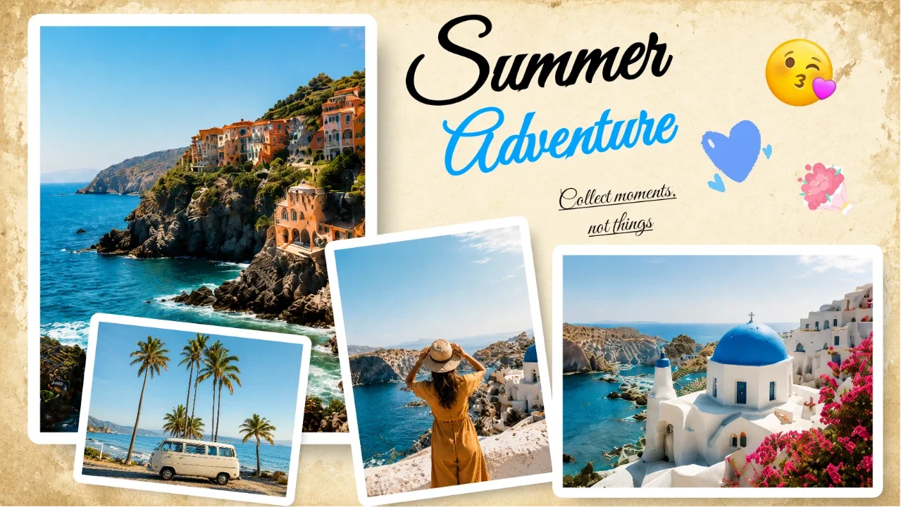 Travel collage made in Photo Gallery with handwritten titles, stickers and layered photos