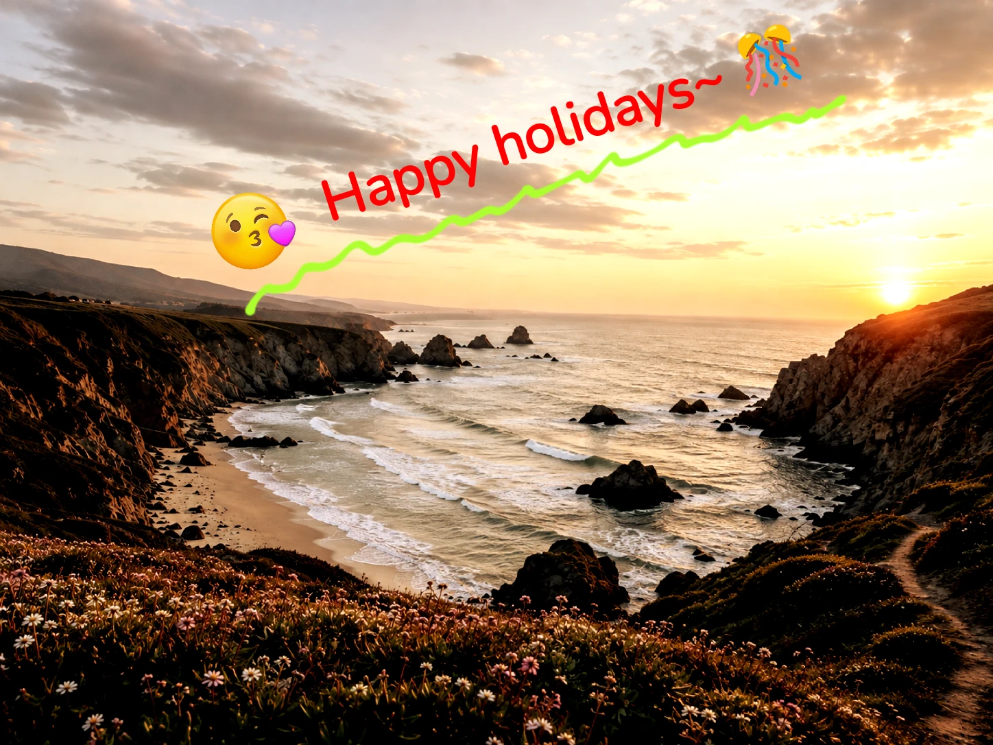 Edited coastal photo with richer color and holiday markup