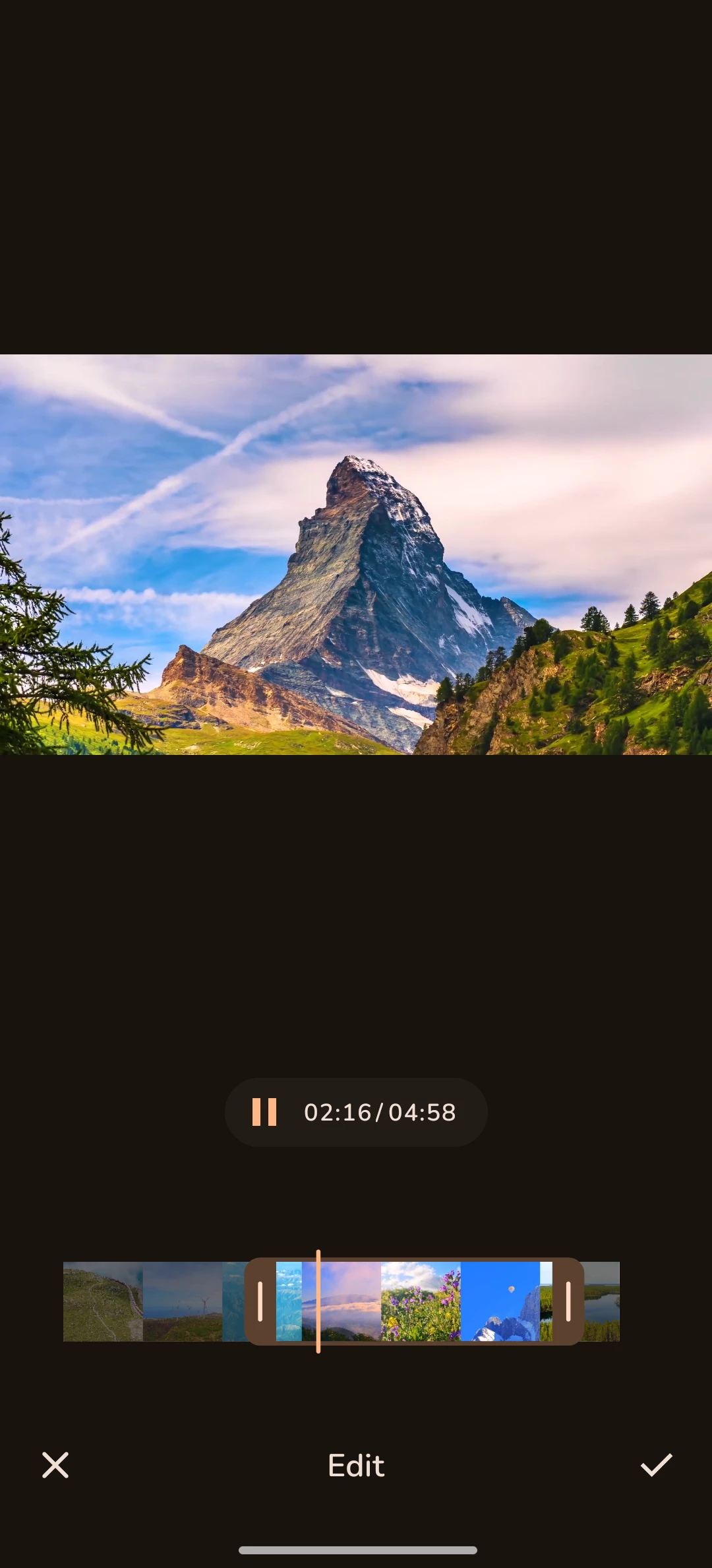 Photo Gallery video trimming screen with frame timeline