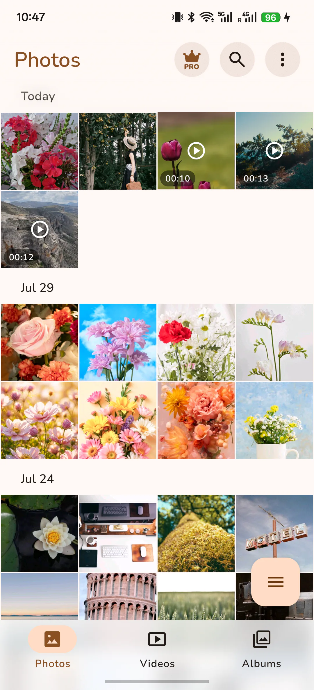 Photo Gallery media library showing photos and videos together