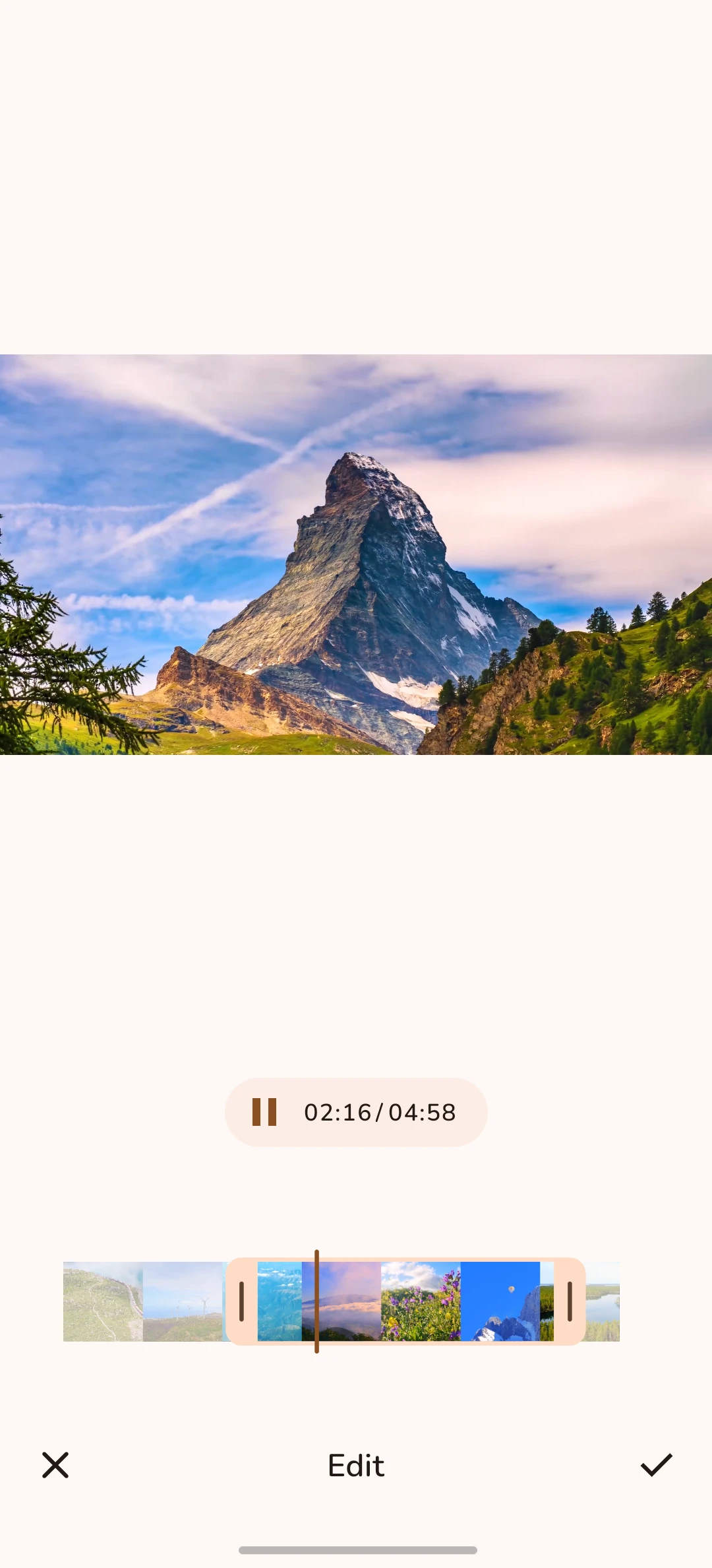 Photo Gallery video trimming screen with frame timeline