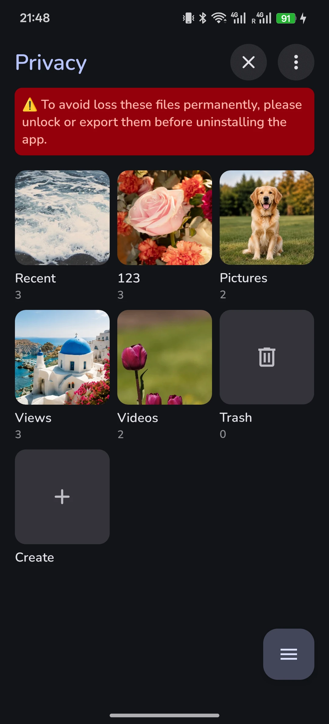 Private Album in Photo Gallery showing protected photos and videos