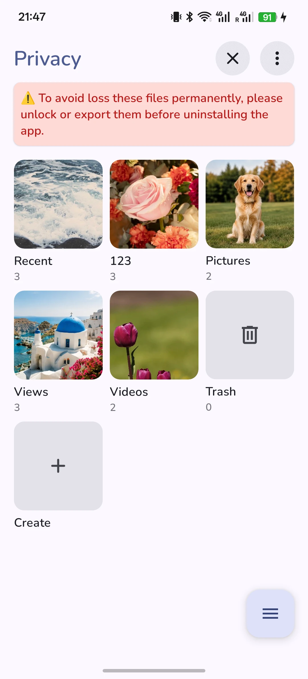 Private Album in Photo Gallery showing protected photos and videos