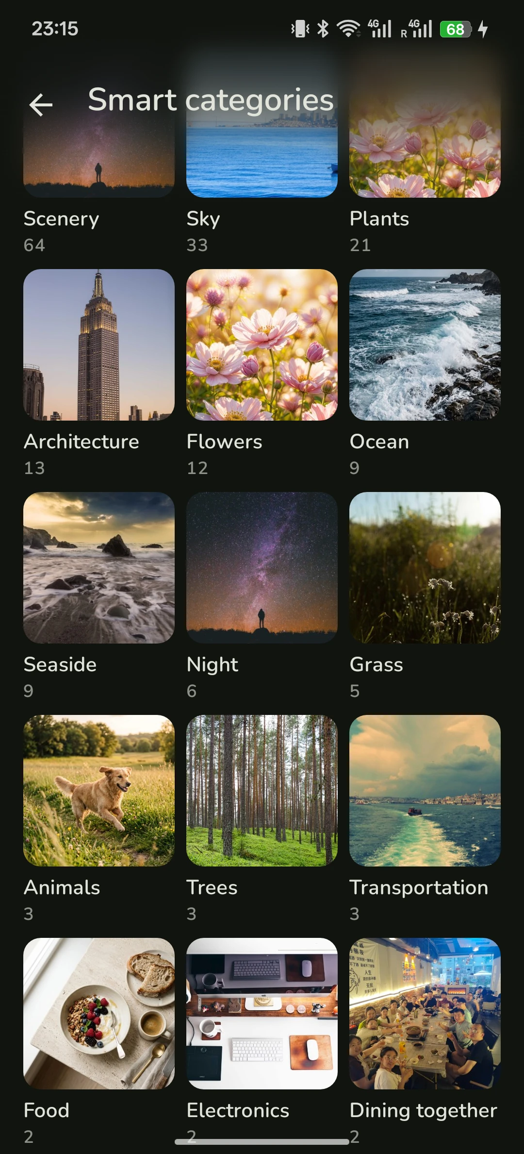 Smart categories screen grouping photos into Scenery, Sky, Plants and more, each with a cover and a photo count